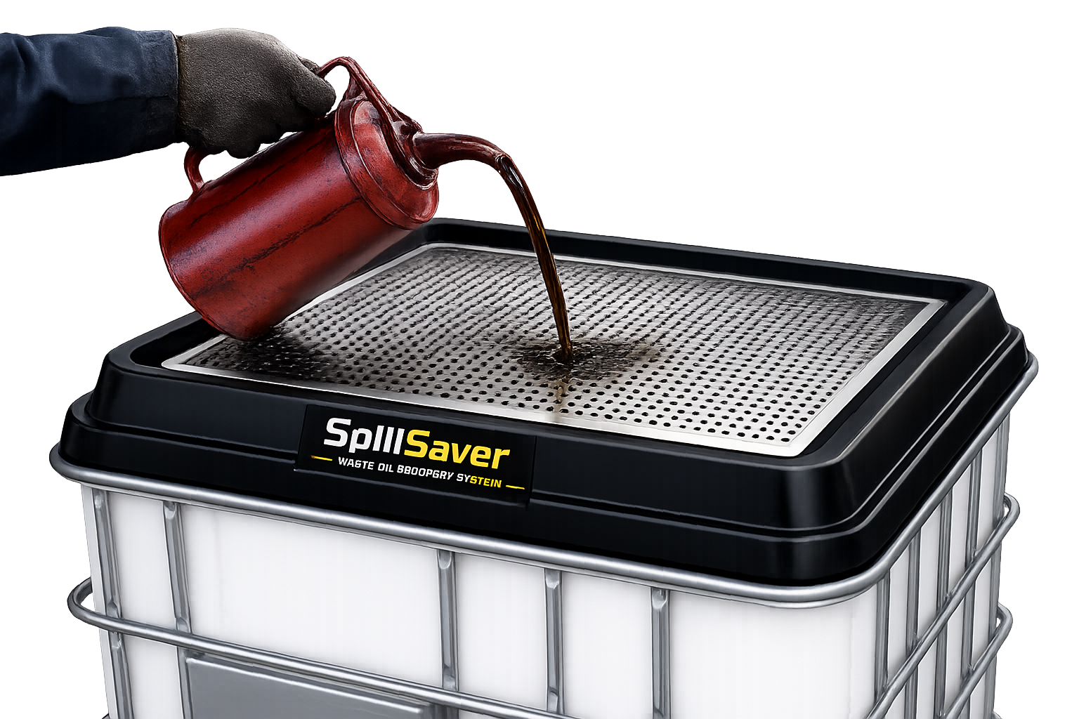 Spill Saver IBC funnel mounted on a standard 1000L IBC with used oil being poured through the aluminium grille